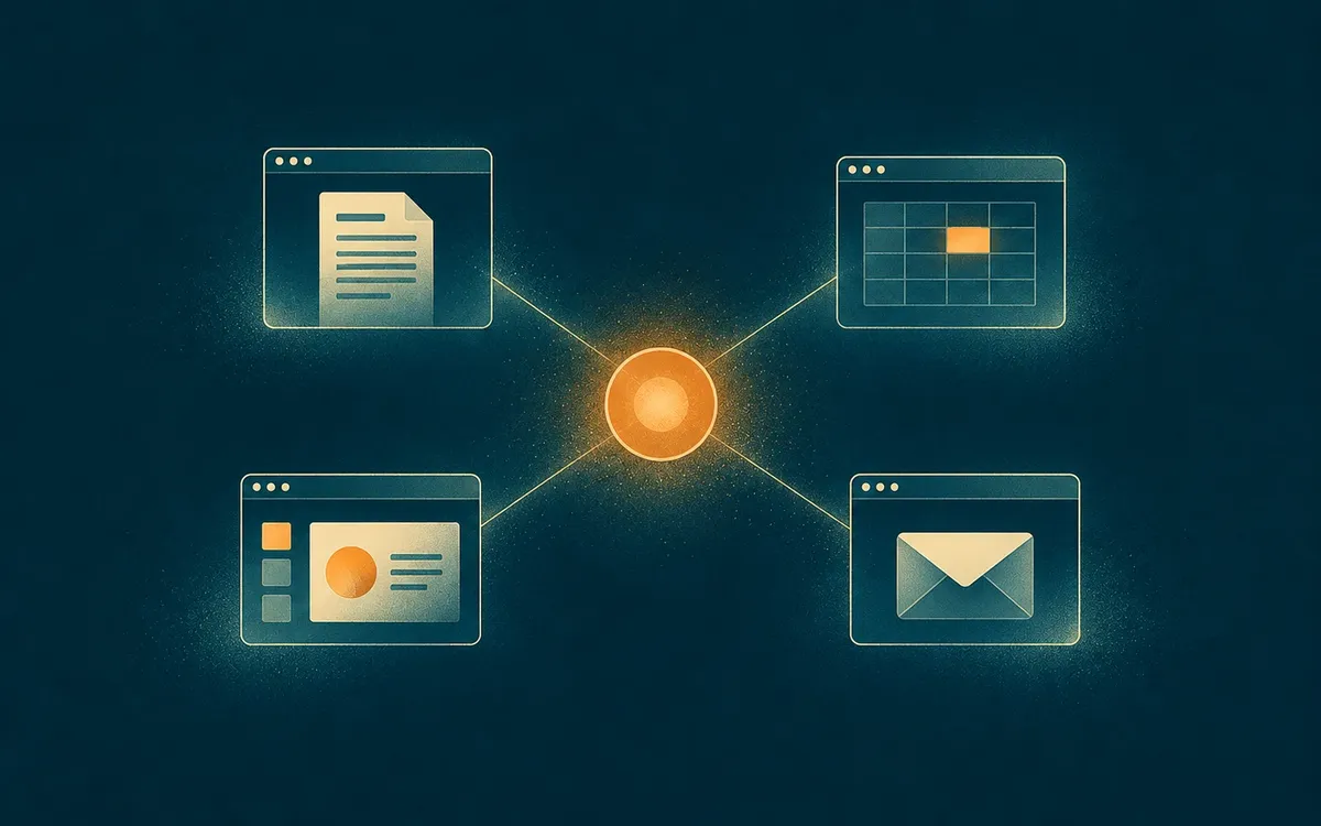Illustration: document, spreadsheet, presentation and email windows connected to a central node
