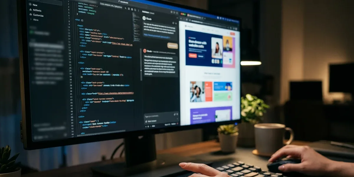 Monitor showing Claude beside a code editor and a web page, with hands on a keyboard