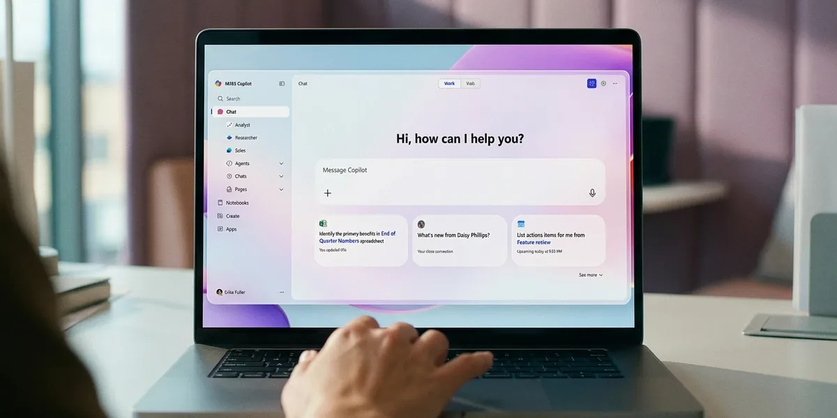Laptop showing Microsoft 365 Copilot chat ready for a prompt